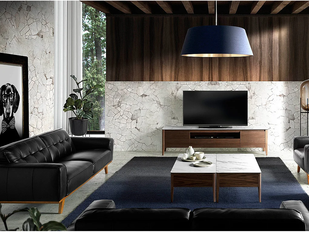 Canapé 2 places cuir noir matelassé et pieds bois massif Kiro