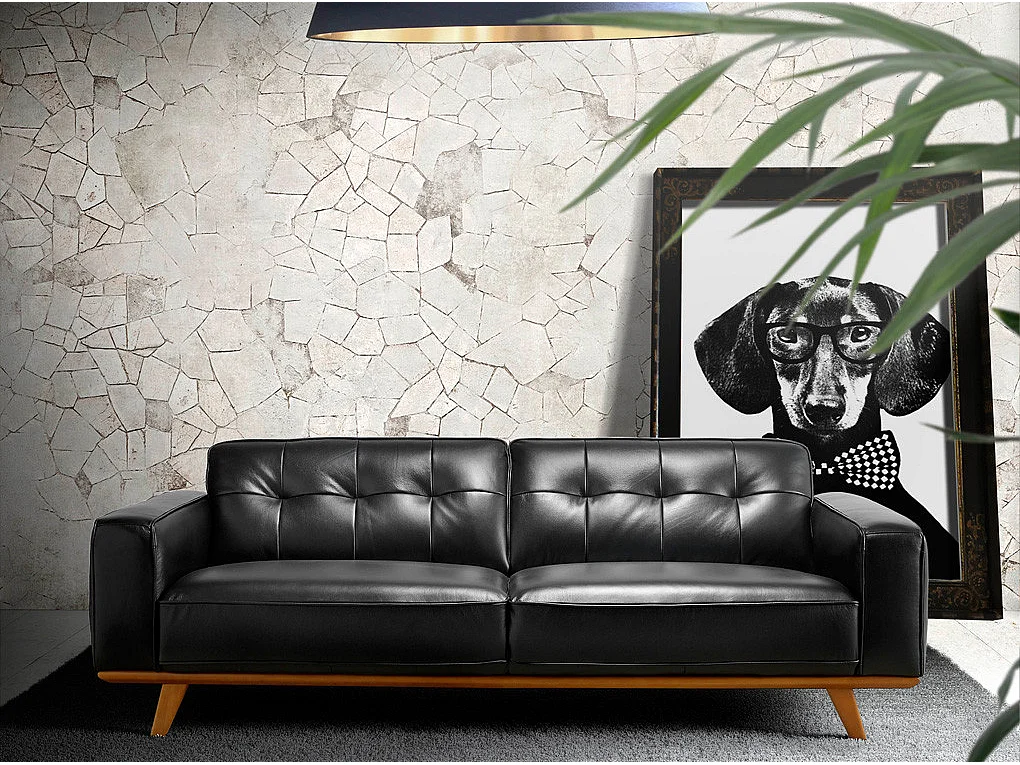 Canapé 2 places cuir noir matelassé et pieds bois massif Kiro