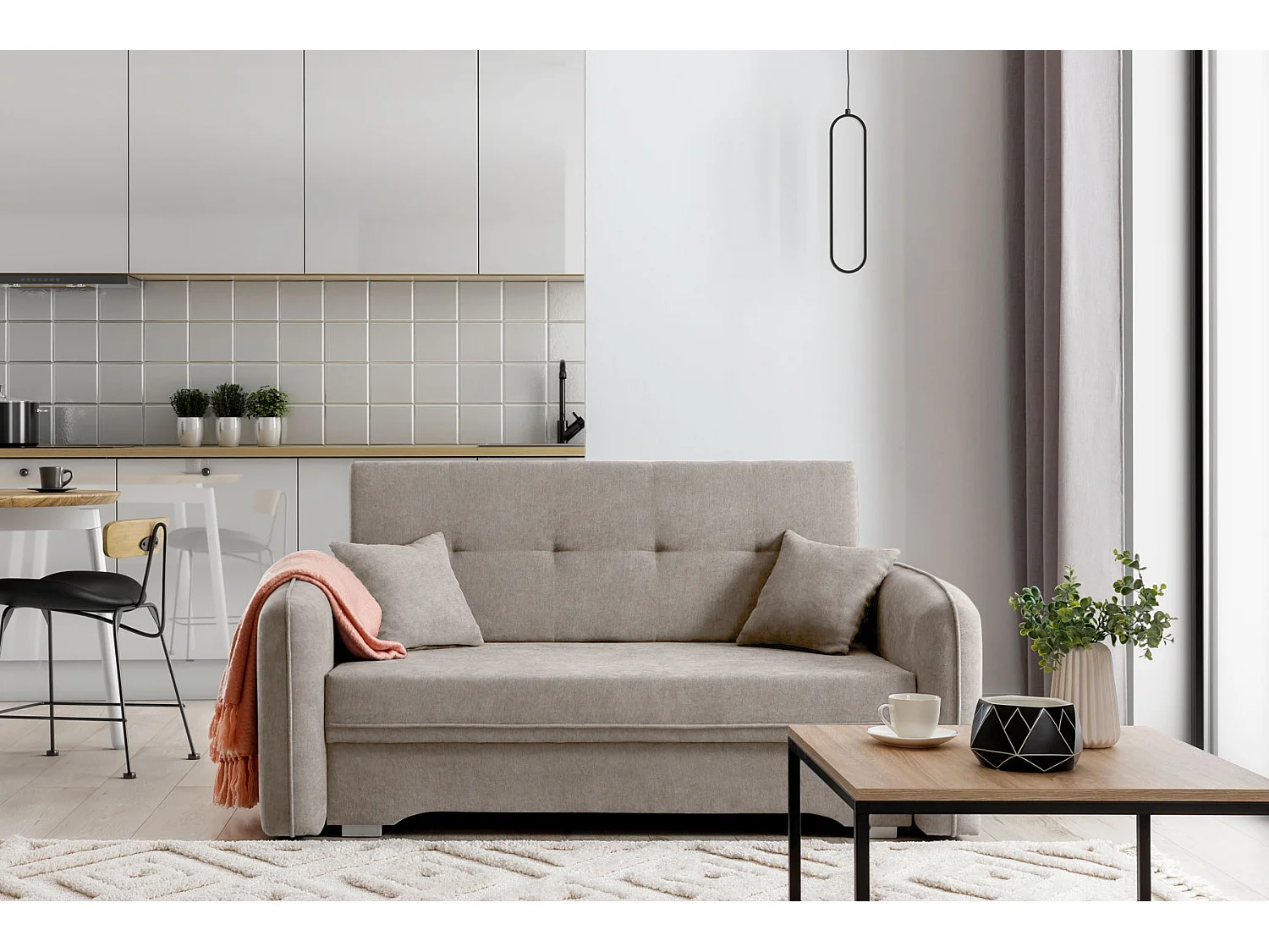 Petit canapé convertible original tissu beige Lany 155cm