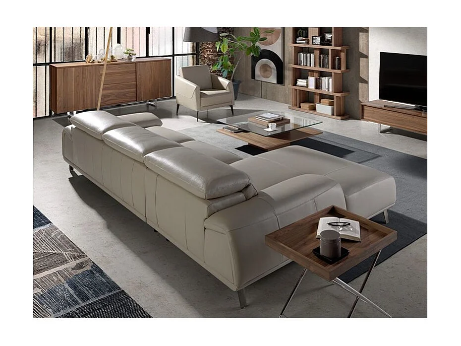 Canapé d'angle gauche cuir beige clair et pieds acier Adile