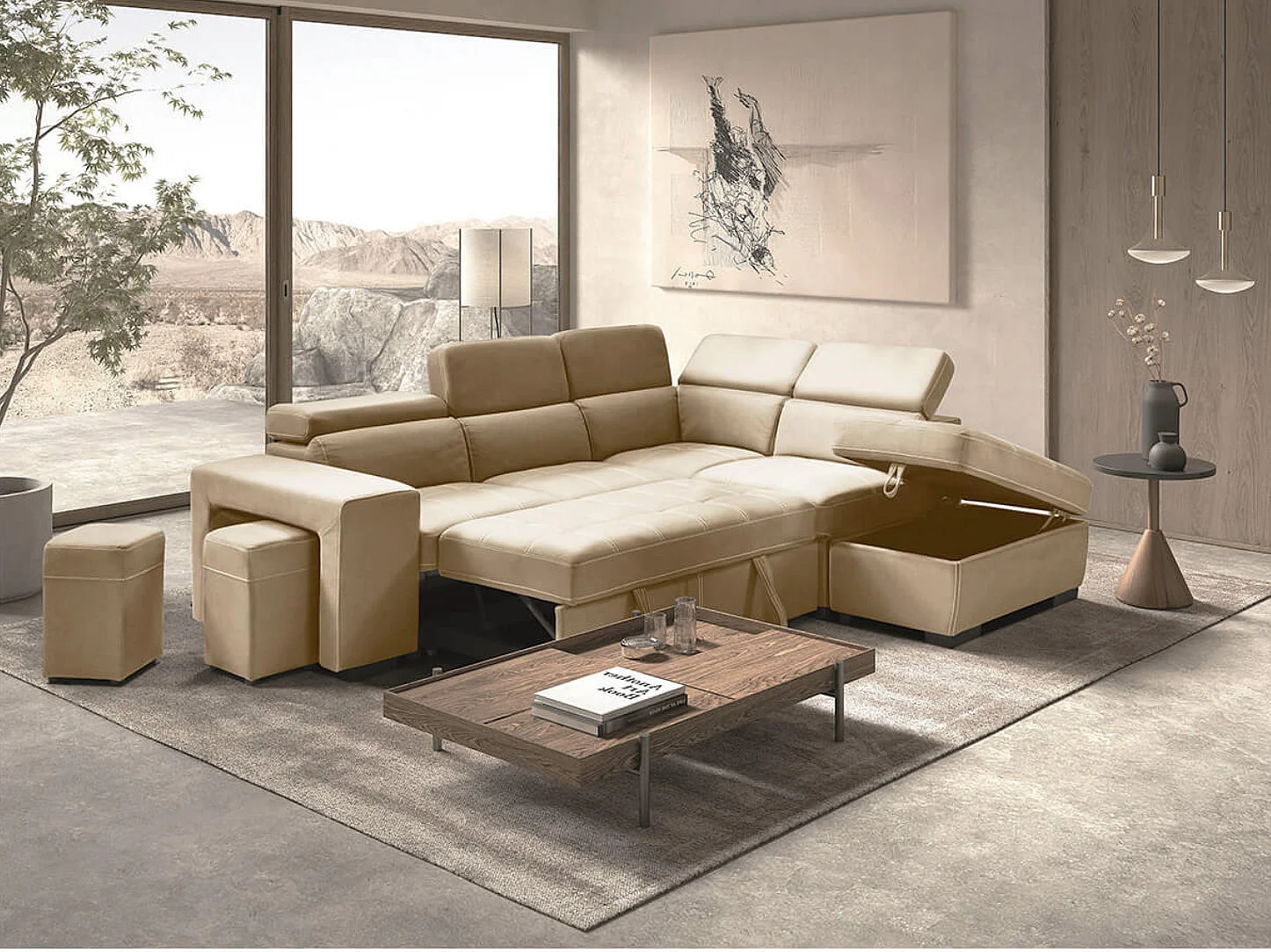 Hoekbank van microvezel met 2 poefs en 1 Selina ladekast-Kleur Beige-juiste hoek