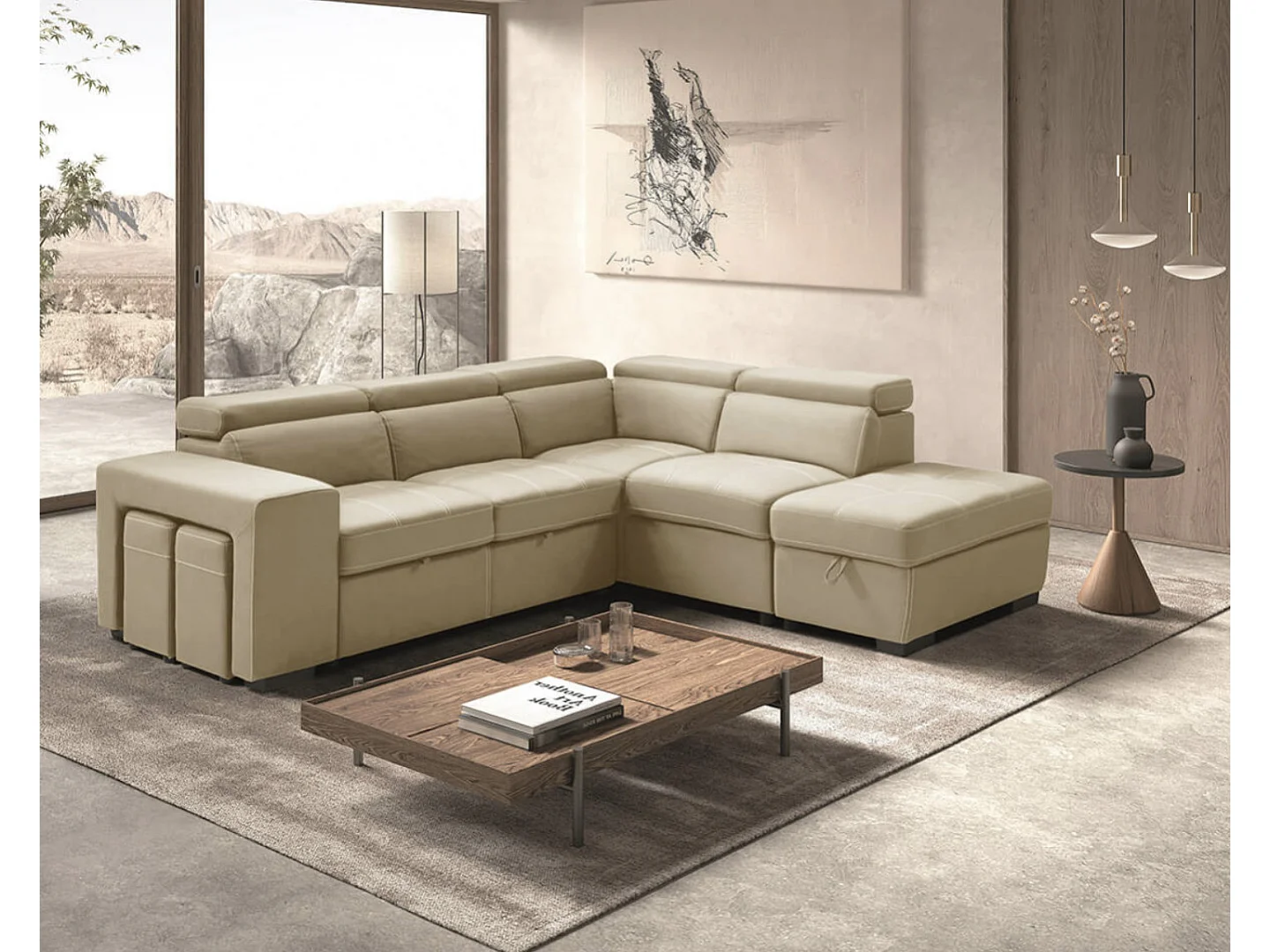 Hoekbank van microvezel met 2 poefs en 1 Selina ladekast-Kleur Beige-juiste hoek