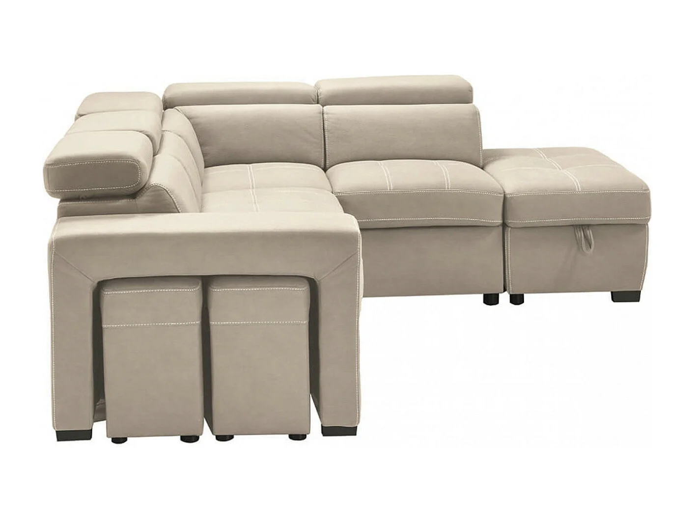 Hoekbank van microvezel met 2 poefs en 1 Selina ladekast-Kleur Beige-juiste hoek