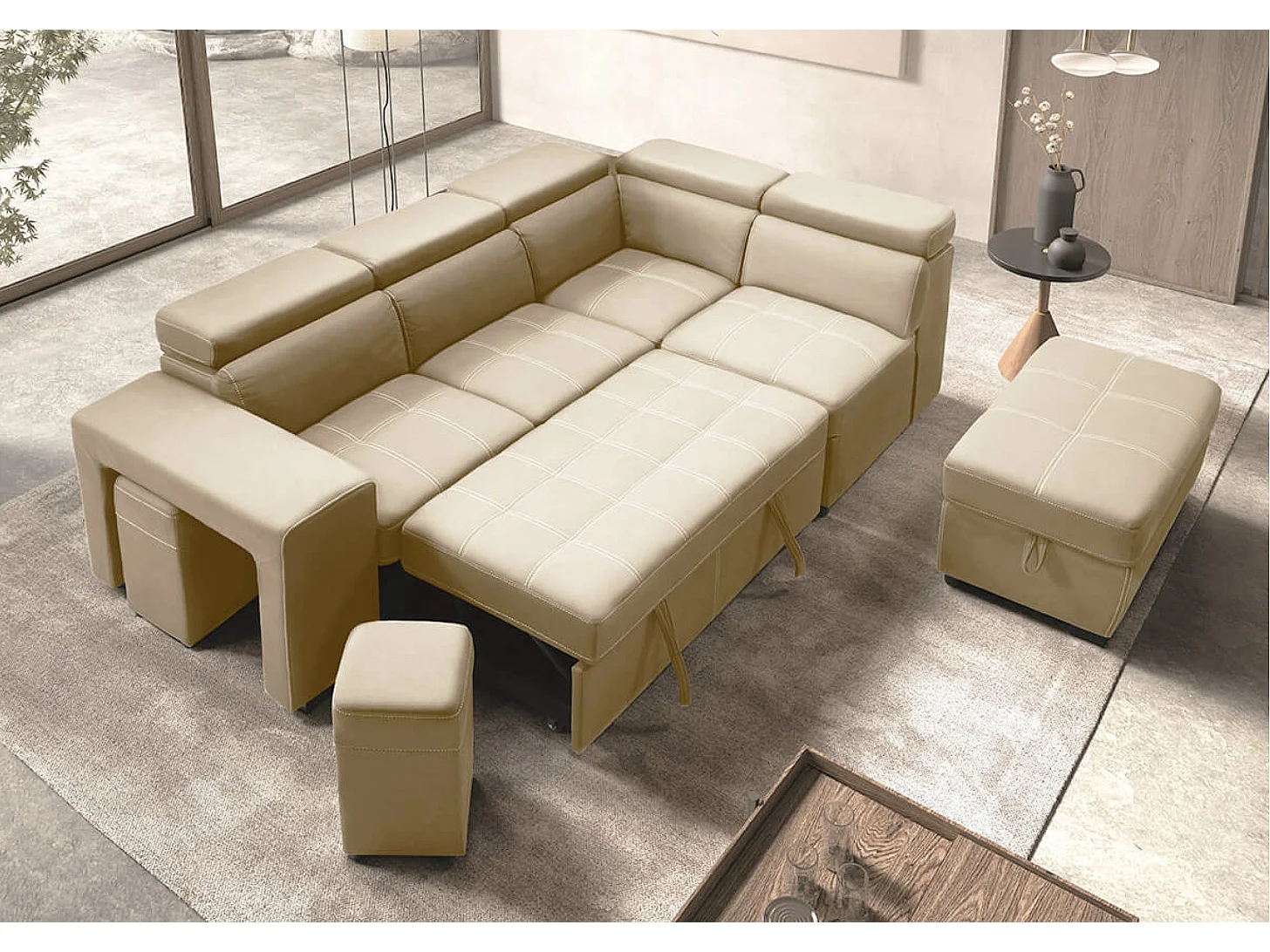 Canapé d'angle en microfibre avec 2 poufs et 1 coffre Selina-Couleur Beige-angle droit