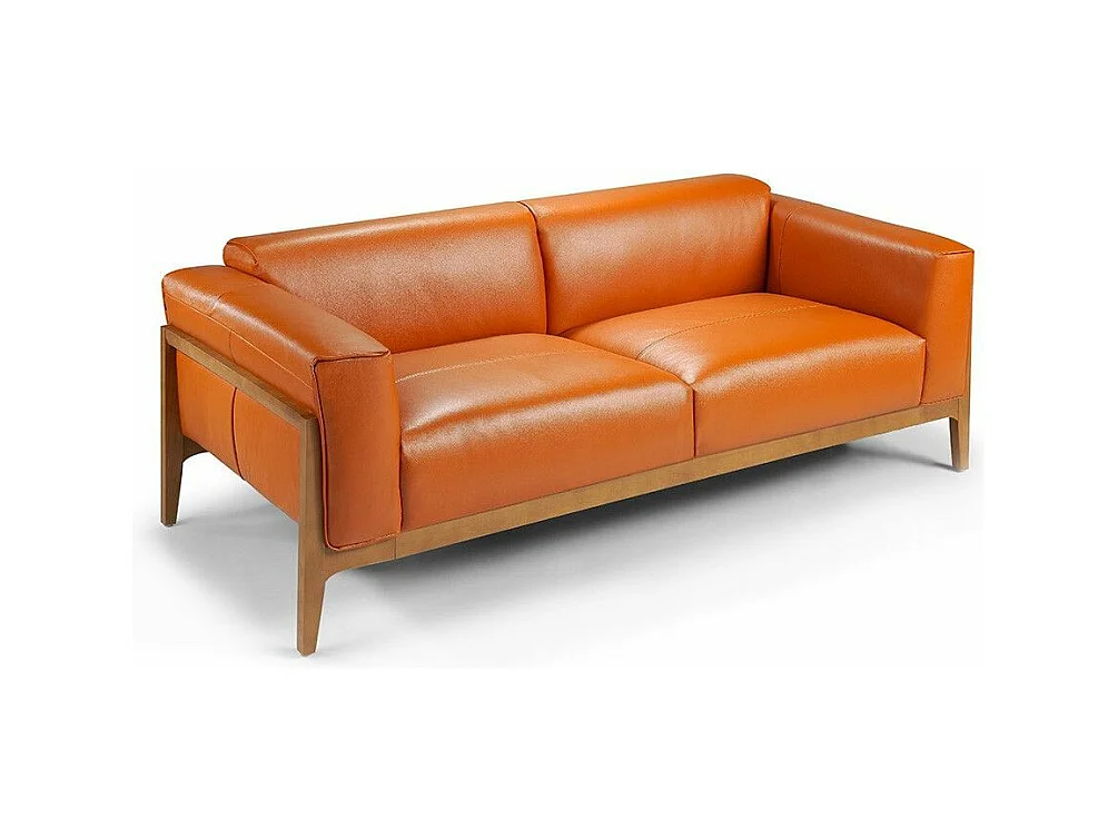 Hoogwaardige 3-zitsbank in walnoothout en leer Kilane-Kleur Aqua10 Oranje