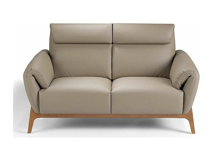 Eigentijdse 2-zitsbank bekleed met notenhout en Bima leer-Kleur Aqua 18 Donker Taupe