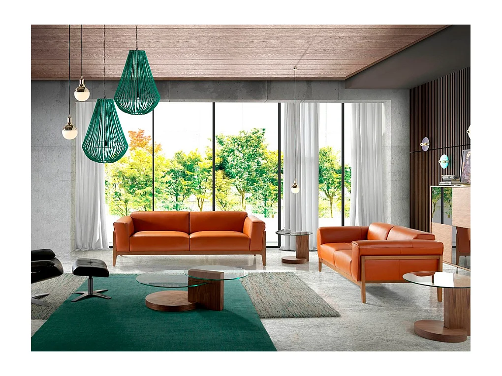 Canapé 3 places bois noyer et cuir Kilane-Couleur Aqua 23 Chocolat