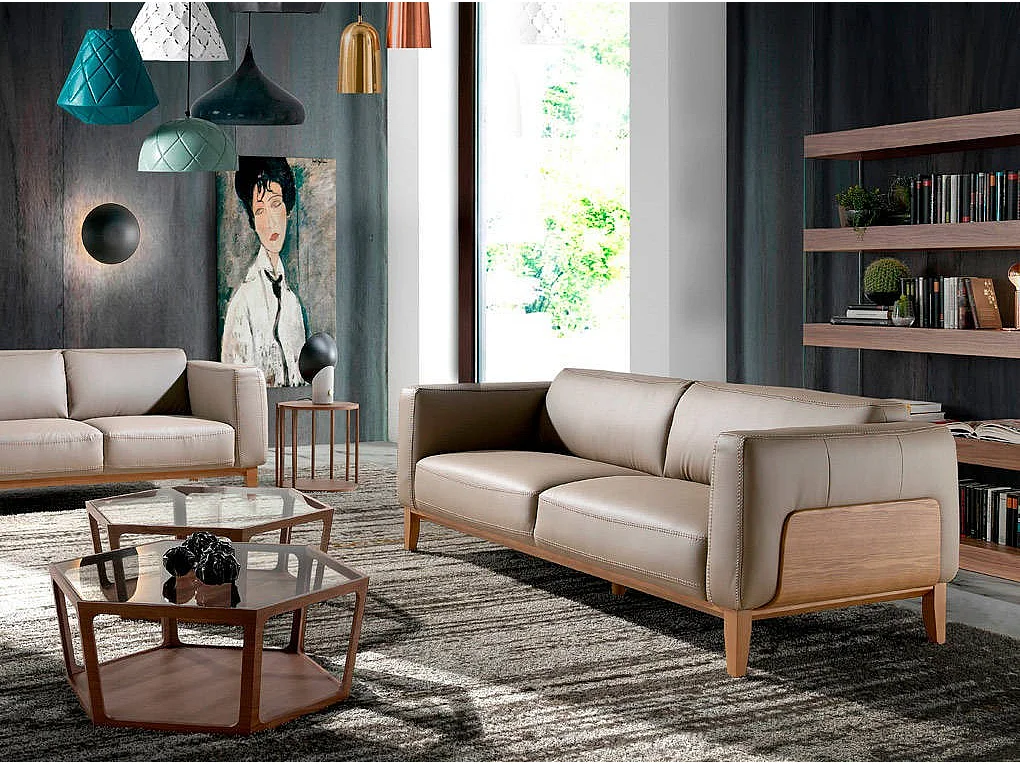 3-zitsbank in taupe leer en grenenhouten poten Kina-Kleur Wit Piel-leer