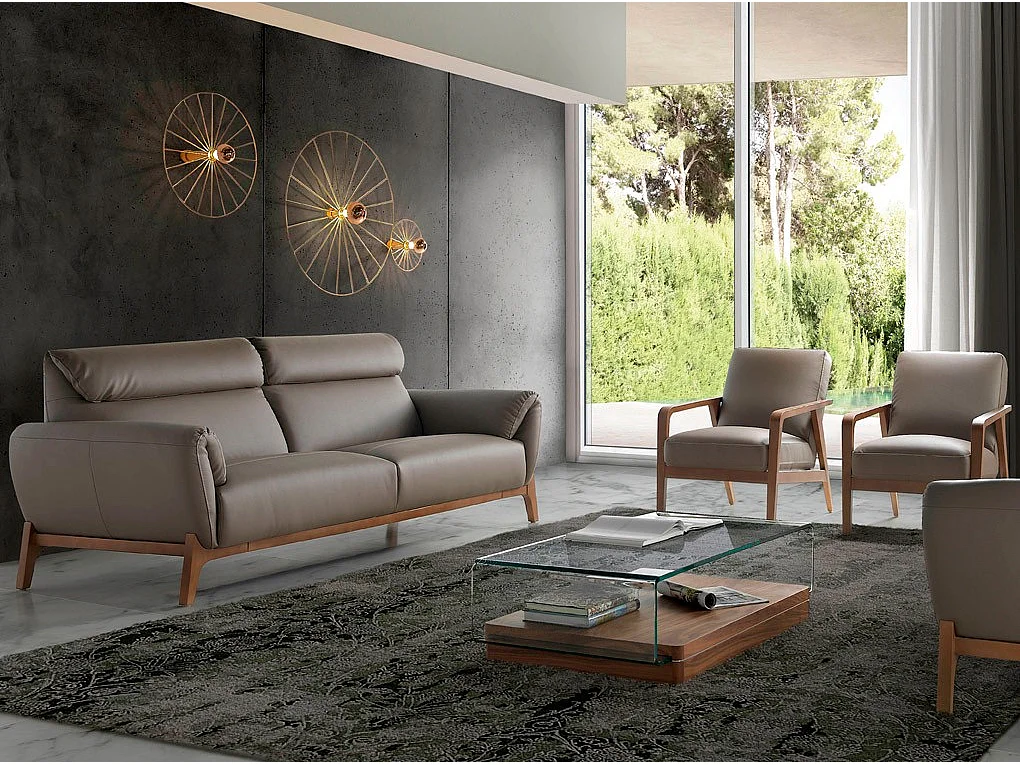 Canapé 2 places contemporain capitonné bois noyer et cuir Bima-Couleur Aqua 10 Orange