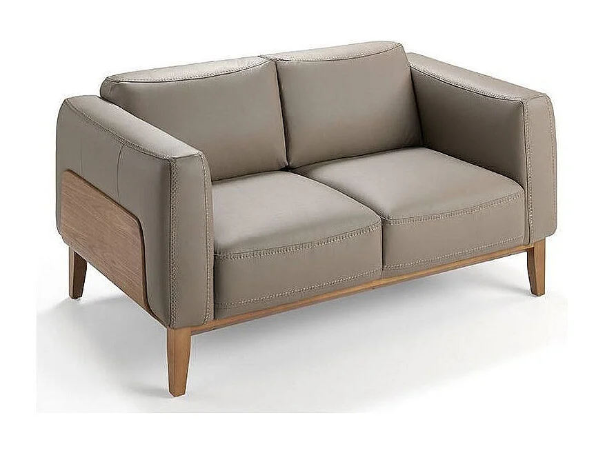 Canapé 2 places cuir et pieds bois noyer Kina-Couleur Cuir Piel crema