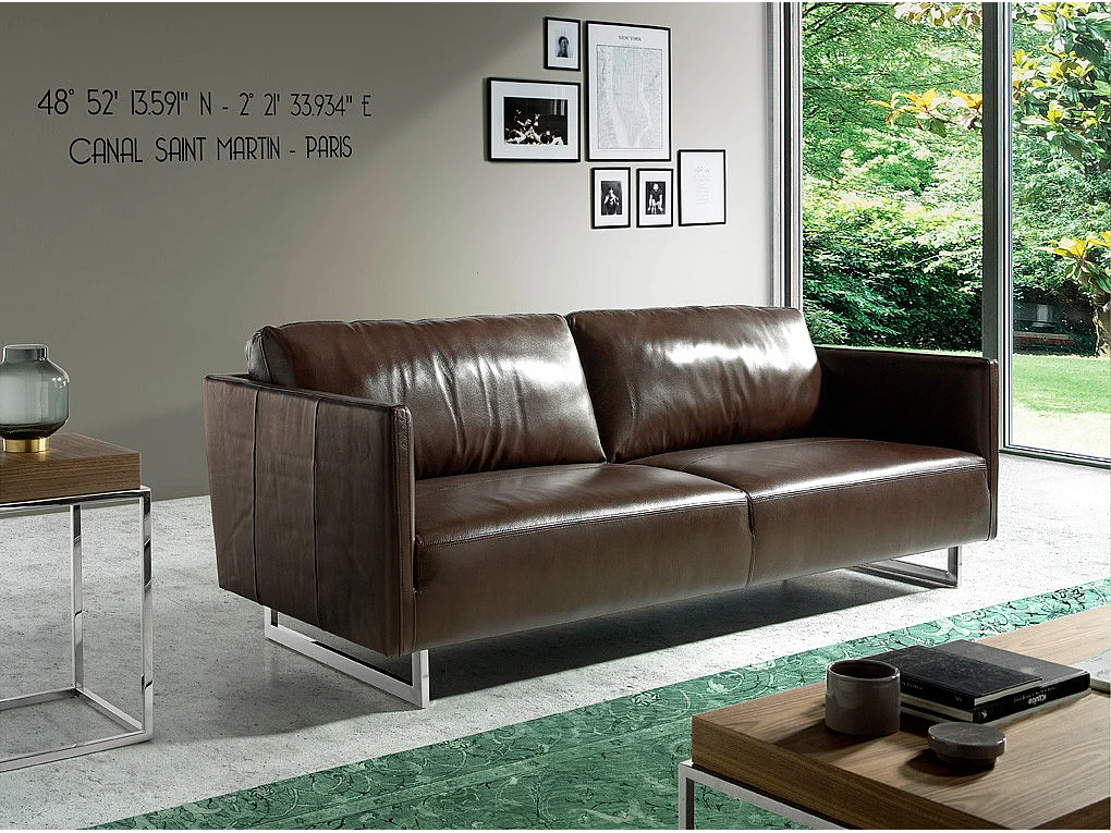 3-zitsbank in rundleer en RVS chroomstalen poten Miro-Kleur Marineblauw leer