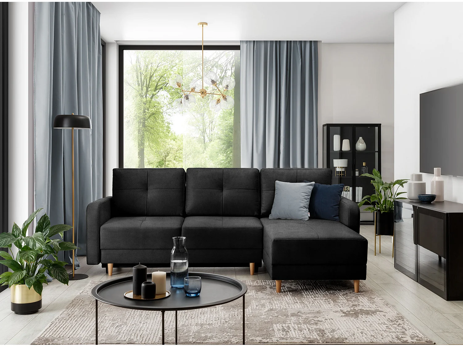 Canapé angle réversible Scandinave velours noir et pieds bois clair Kindo 240cm