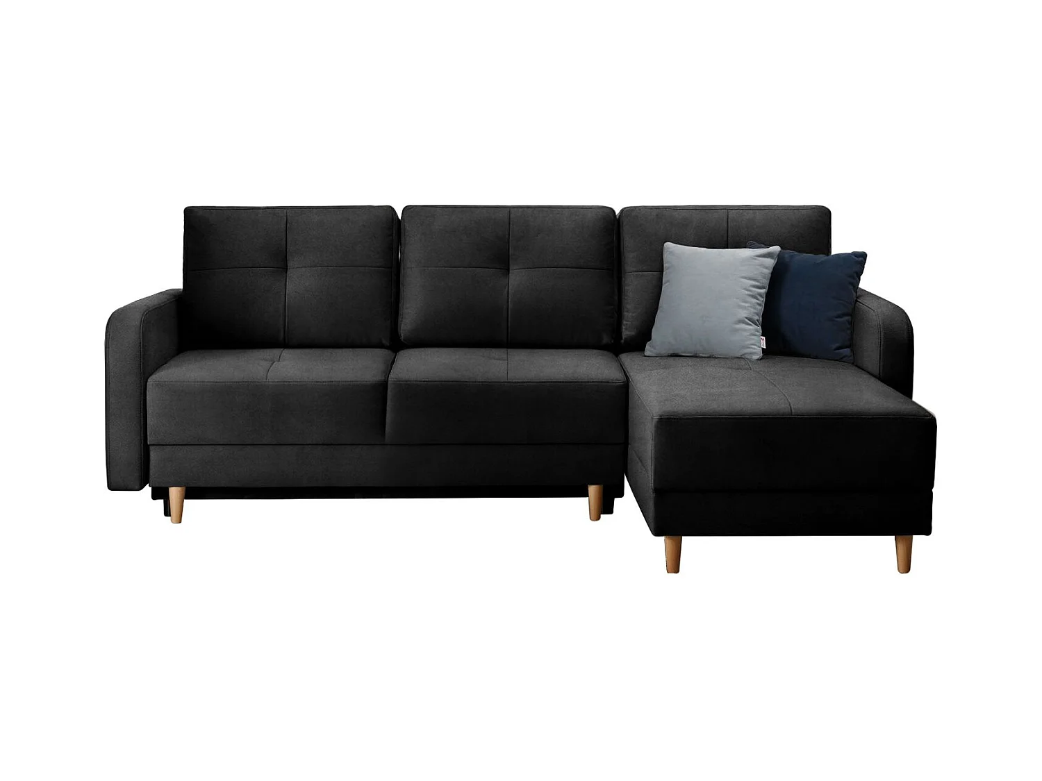 Canapé angle réversible Scandinave velours noir et pieds bois clair Kindo 240cm