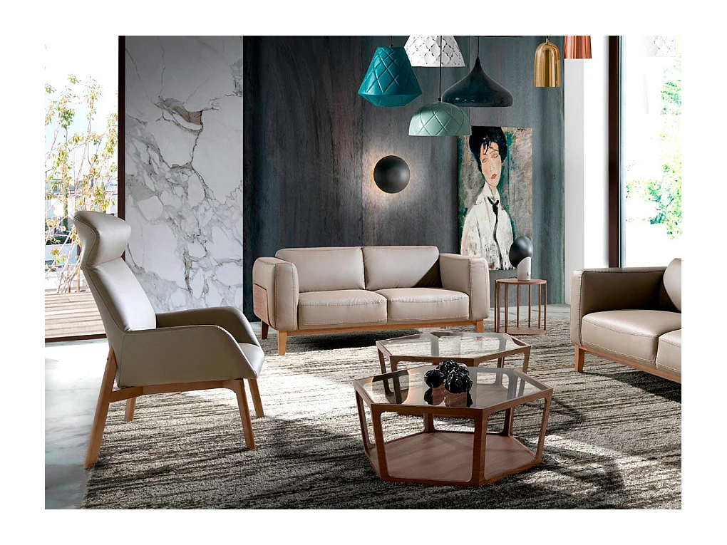 Canapé 2 places cuir et pieds bois noyer Kina-Couleur Cuir Piel marine