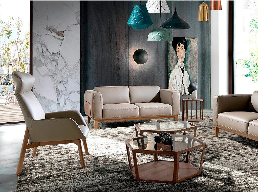 Kina 2-zits lederen bank en walnoothouten poten-Kleur Leer van chocoladehuid