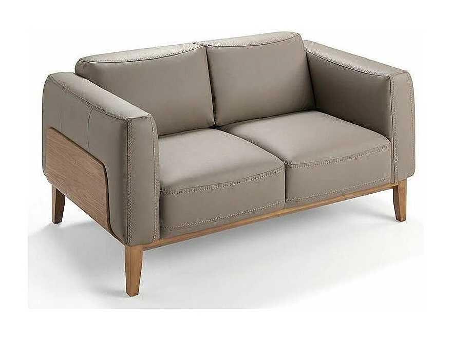 Canapé 2 places cuir et pieds bois noyer Kina-Couleur Cuir Piel chocolat