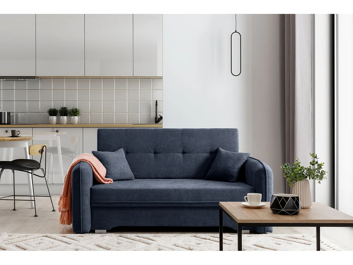 Petit canapé convertible original tissu bleu foncé Lany 155cm