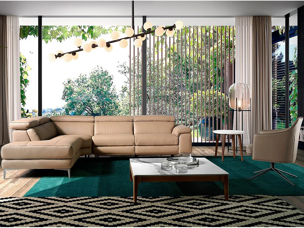 Canapé d'angle gauche cuir taupe et pieds acier inoxydable Armand