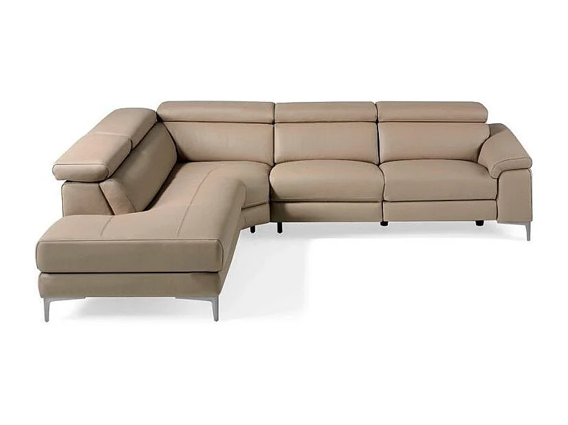 Canapé d'angle gauche cuir taupe et pieds acier inoxydable Armand