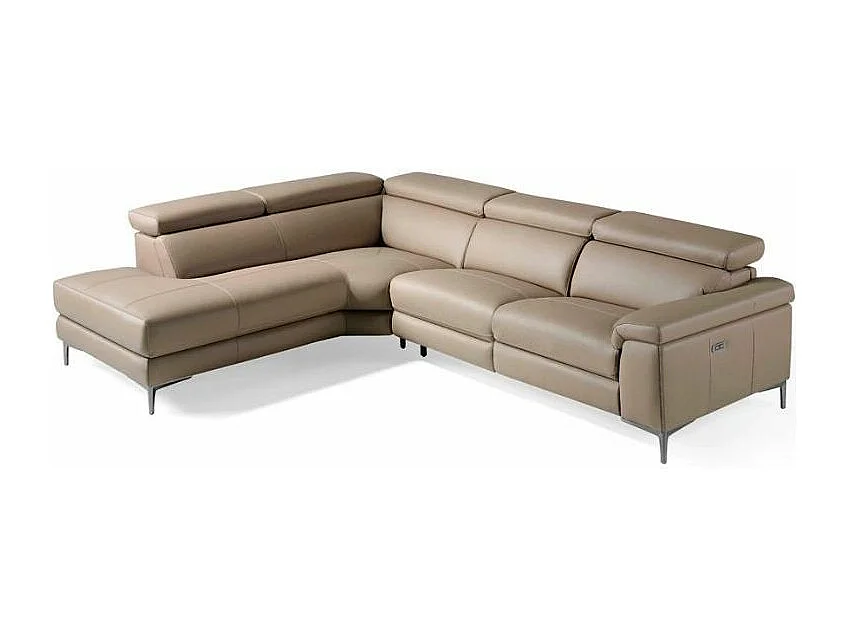 Canapé d'angle gauche cuir taupe et pieds acier inoxydable Armand