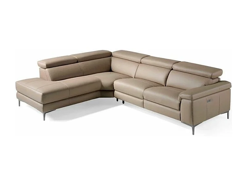 Canapé d'angle gauche cuir taupe et pieds acier inoxydable Armand