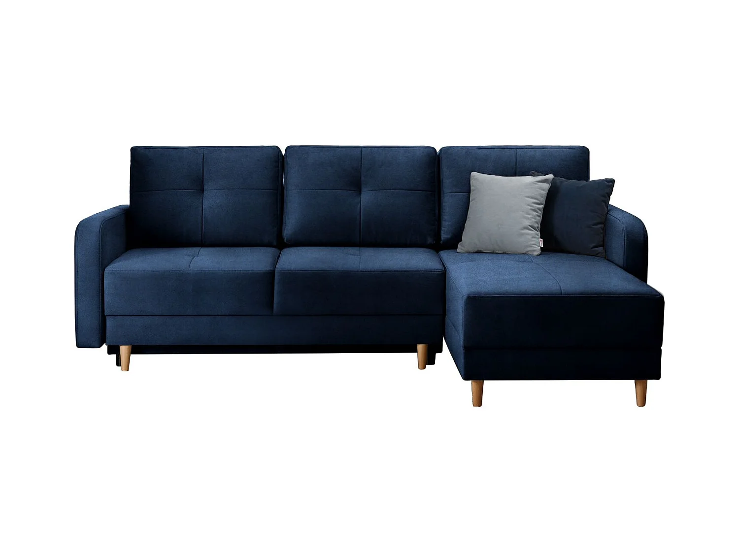Canapé angle réversible Scandinave velours bleu et pieds bois clair Kindo 240cm