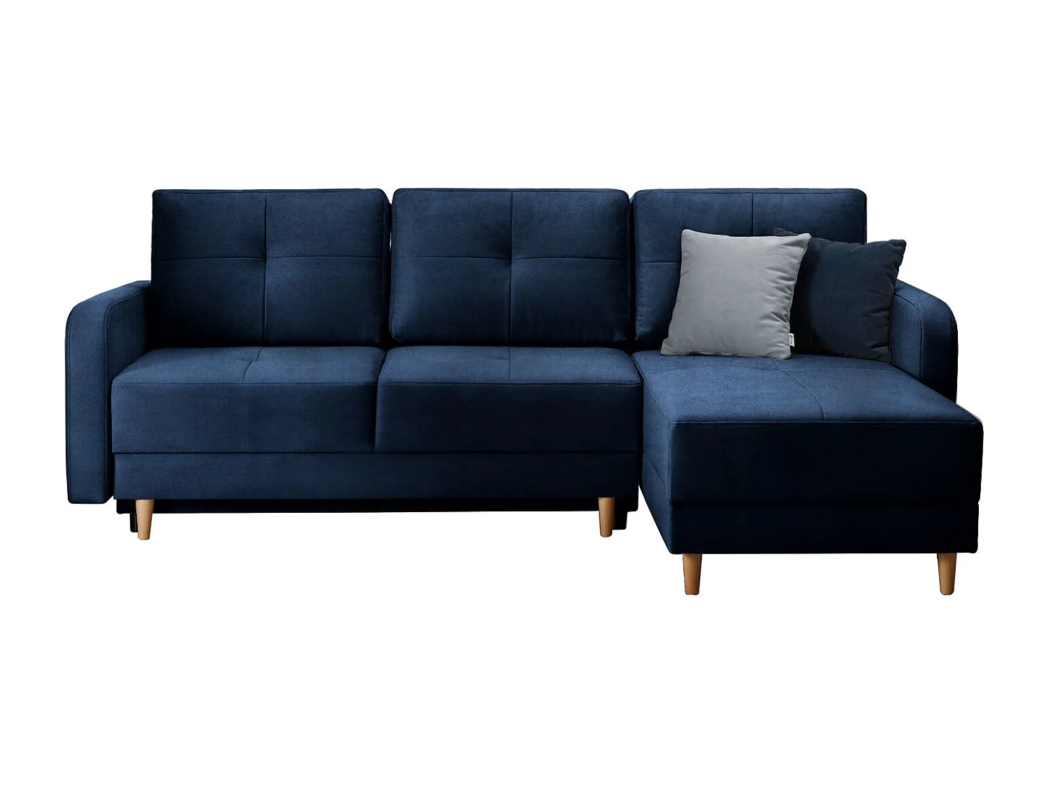 Canapé angle réversible Scandinave velours bleu et pieds bois clair Kindo 240cm