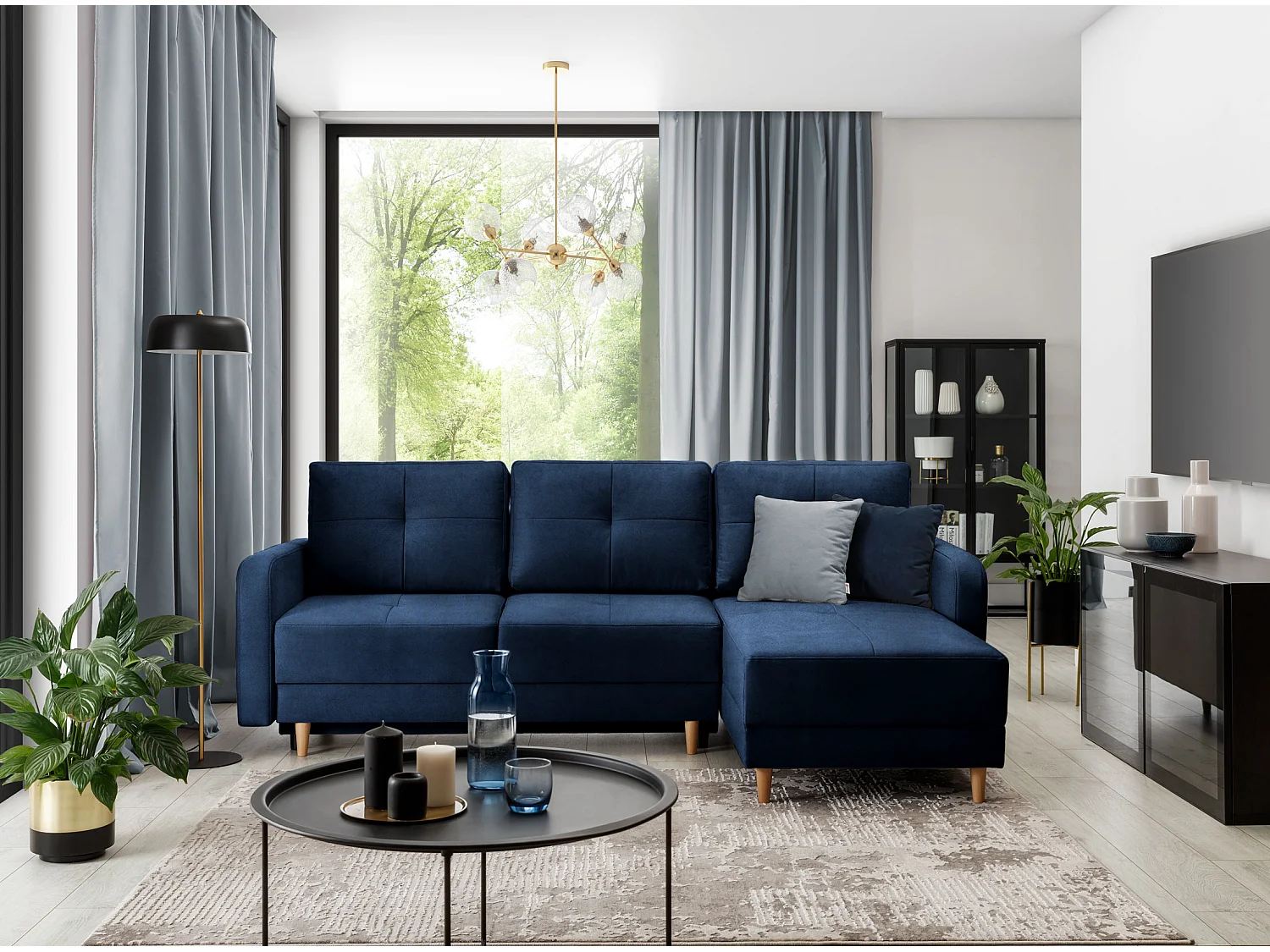 Canapé angle réversible Scandinave velours bleu et pieds bois clair Kindo 240cm