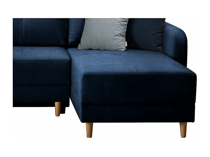 Canapé angle réversible Scandinave velours bleu et pieds bois clair Kindo 240cm