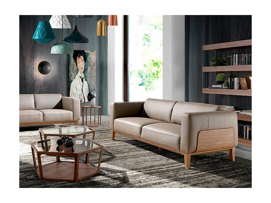 Canapé 3 places cuir taupe et pieds bois pin Kina-Couleur Cuir Piel cuero