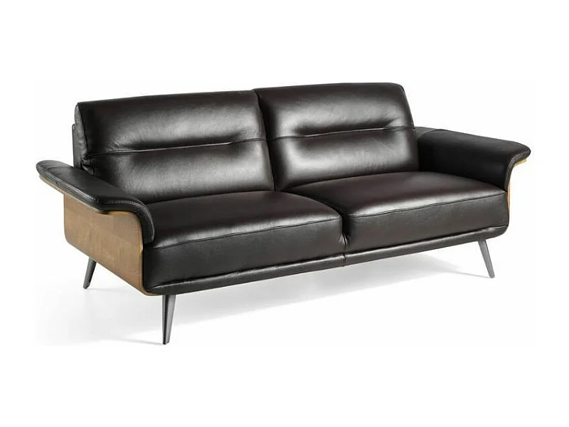 3-zitsbank in zwart leer, walnootfineerhout en roestvrijstalen poten Alamo