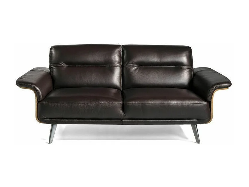 Canapé 3 places cuir noir bois plaqué noyer et pieds acier inoxydable Alamo