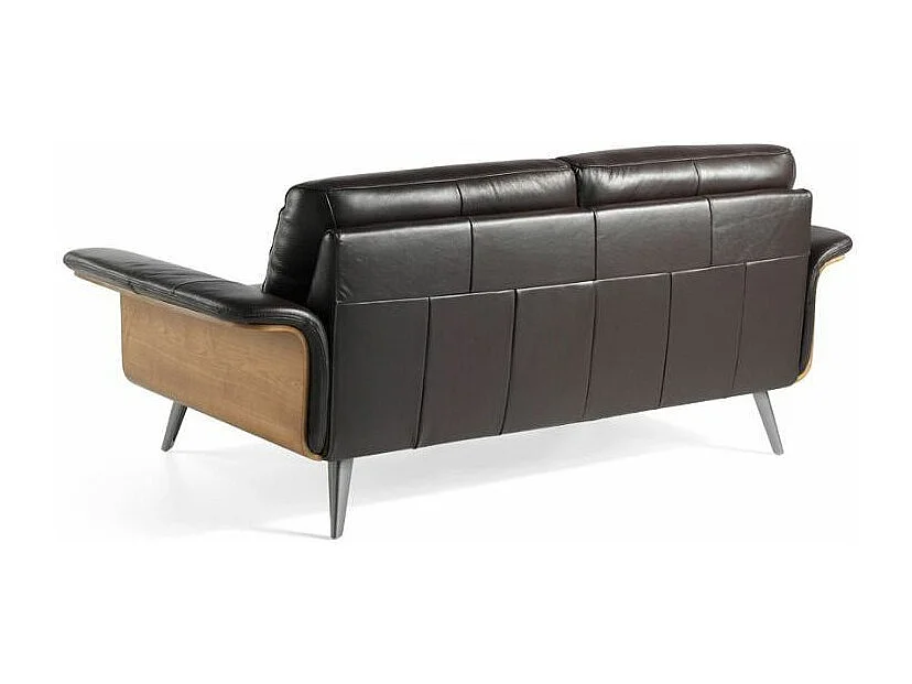 Canapé 3 places cuir noir bois plaqué noyer et pieds acier inoxydable Alamo