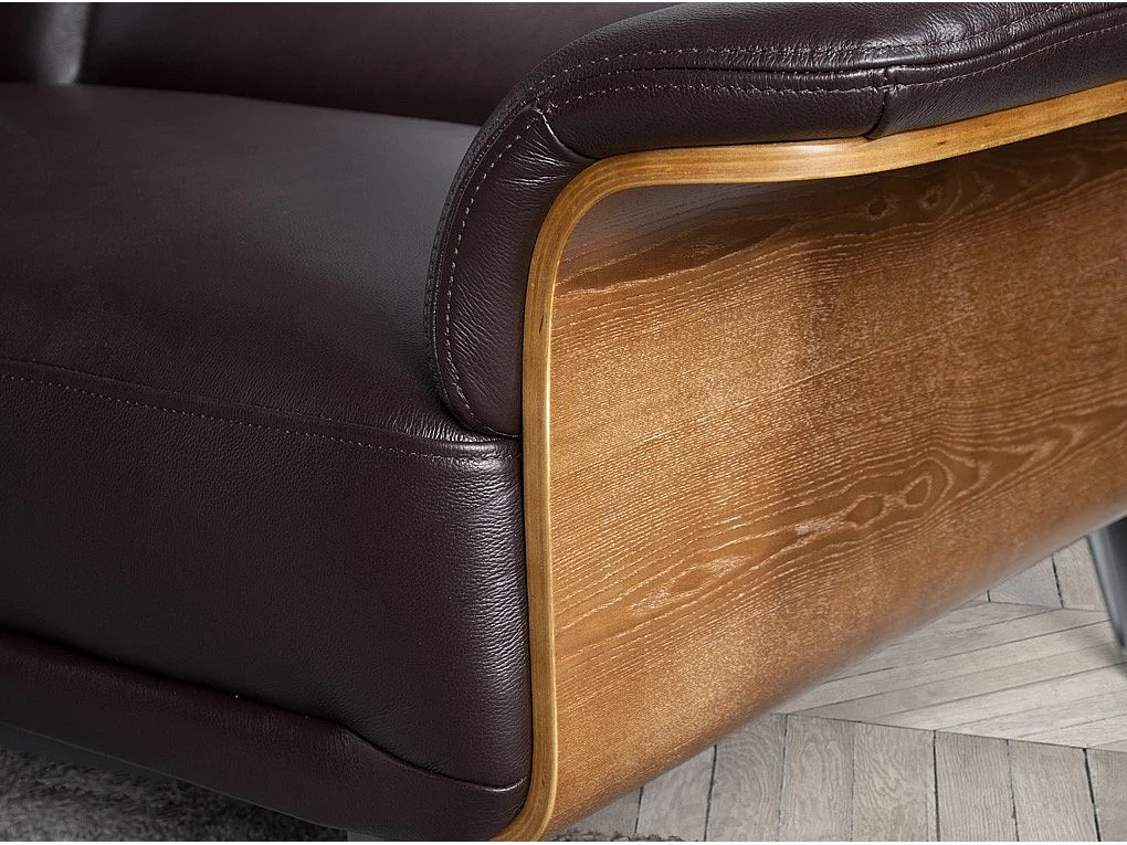 Canapé 3 places cuir noir bois plaqué noyer et pieds acier inoxydable Alamo