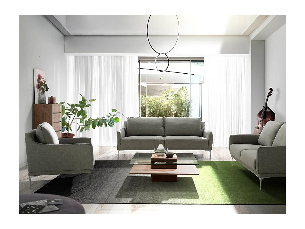 Canapé design 2 places tissu gris clair et acier chromé Kira