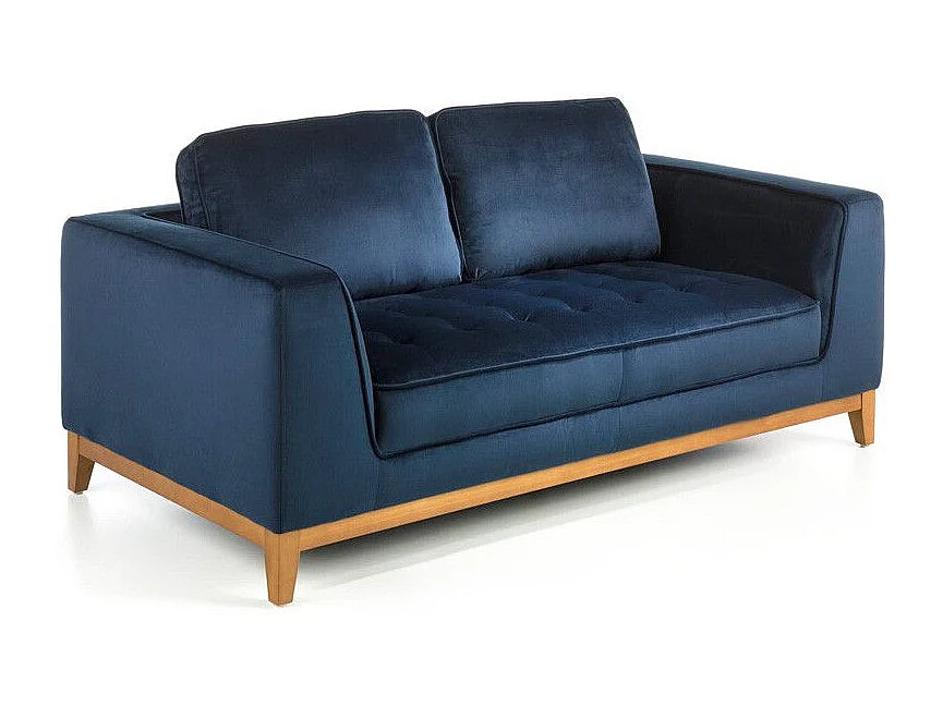 Canapé 2 places tissu bleu effet velours et bois de noyer Hastin