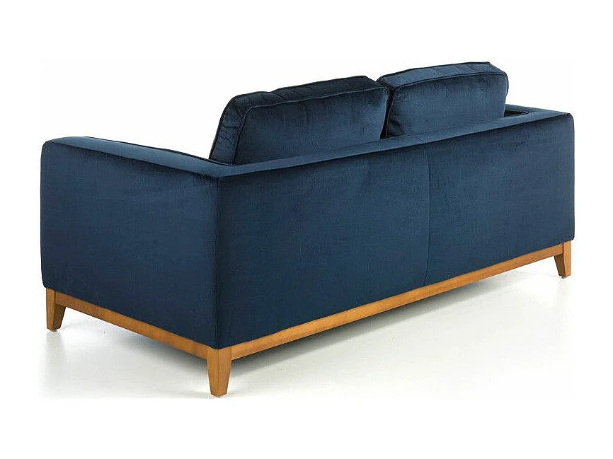 Canapé 2 places tissu bleu effet velours et bois de noyer Hastin