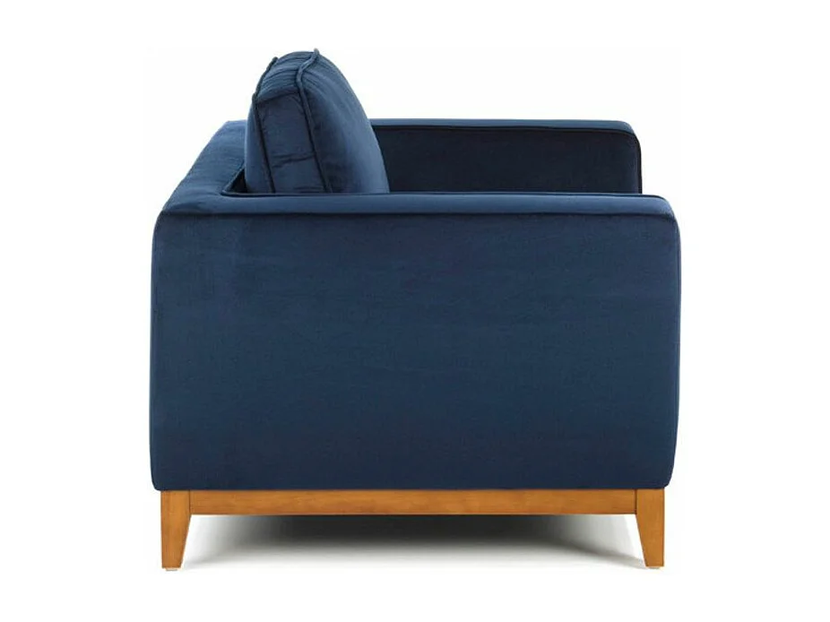 Canapé 2 places tissu bleu effet velours et bois de noyer Hastin