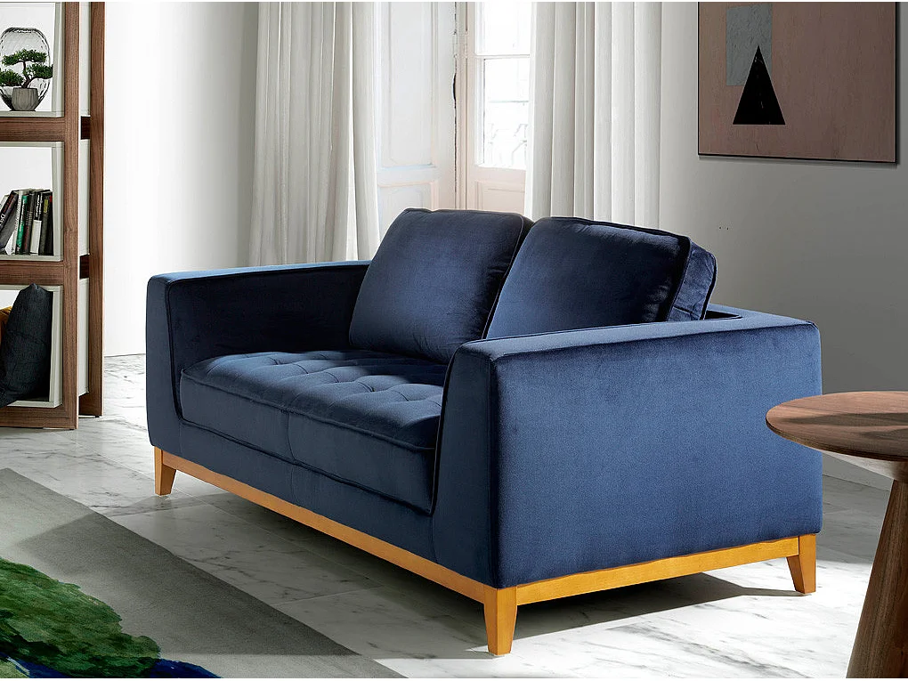 Canapé 2 places tissu bleu effet velours et bois de noyer Hastin