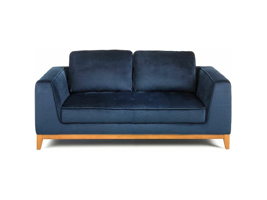 Canapé 2 places tissu bleu effet velours et bois de noyer Hastin