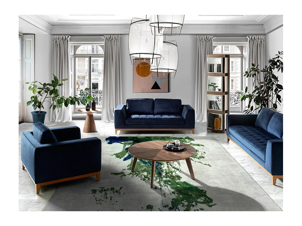 2-zitsbank in stof met blauw fluweeleffect en walnoothout Hastin