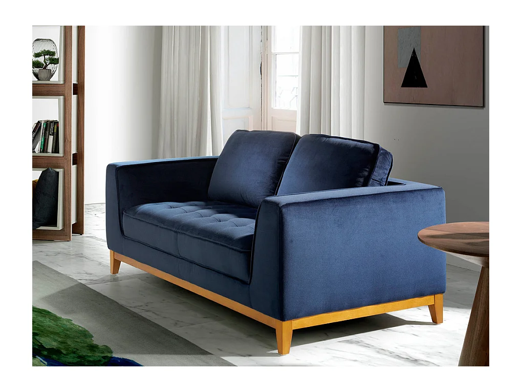 2-zitsbank in stof met blauw fluweeleffect en walnoothout Hastin