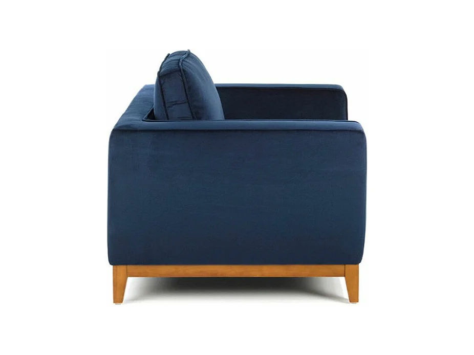 2-zitsbank in stof met blauw fluweeleffect en walnoothout Hastin