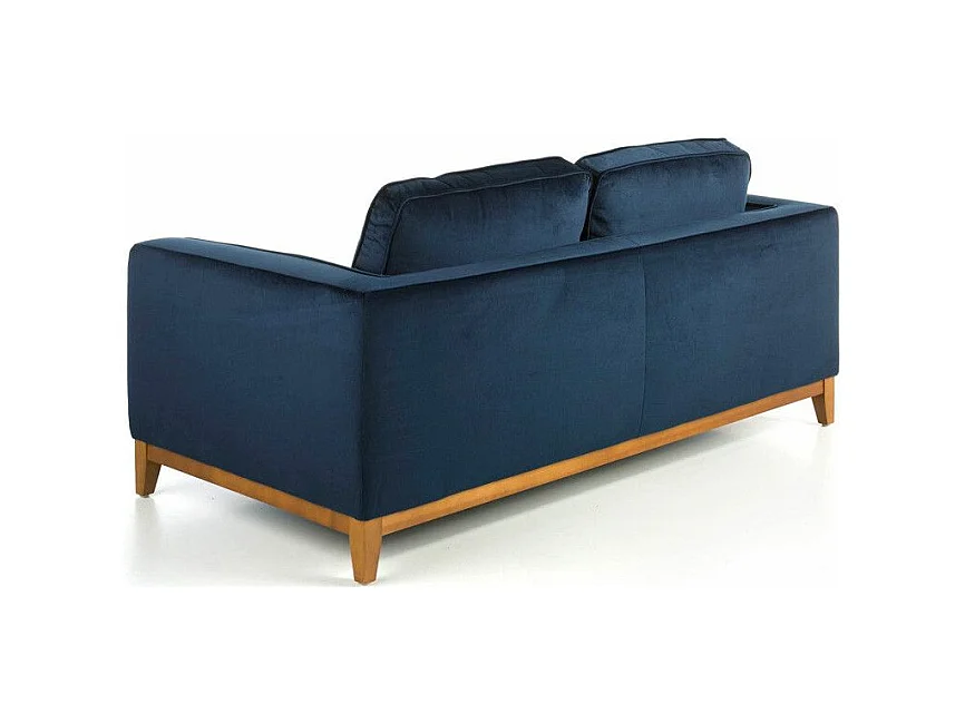2-zitsbank in stof met blauw fluweeleffect en walnoothout Hastin