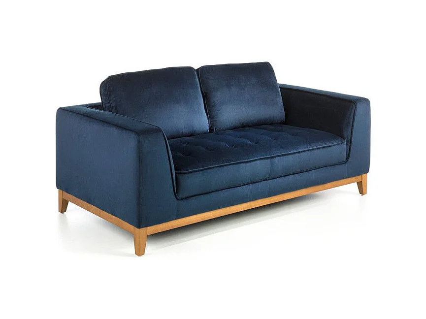 2-zitsbank in stof met blauw fluweeleffect en walnoothout Hastin