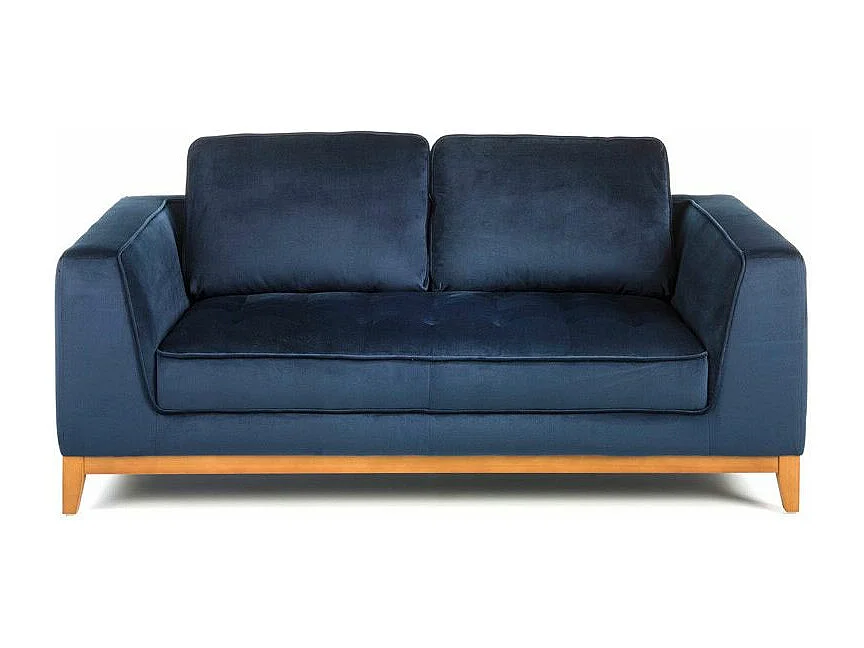 Canapé 2 places tissu bleu effet velours et bois de noyer Hastin
