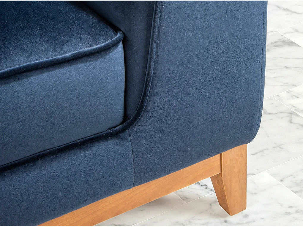 Canapé 2 places tissu bleu effet velours et bois de noyer Hastin
