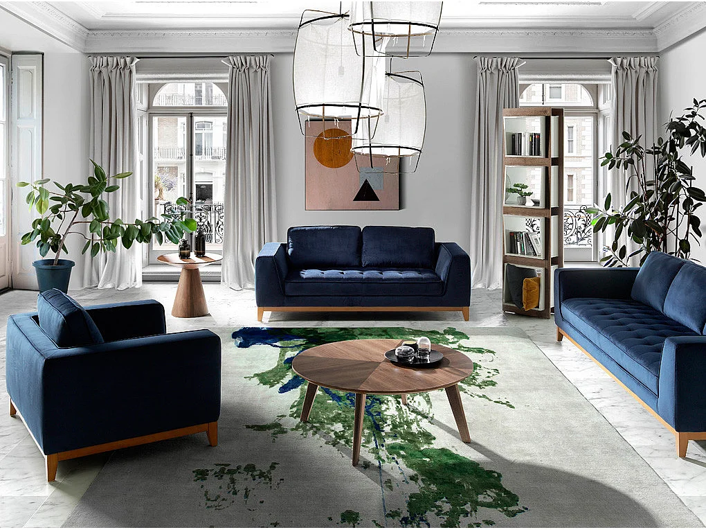 Canapé 2 places tissu bleu effet velours et bois de noyer Hastin