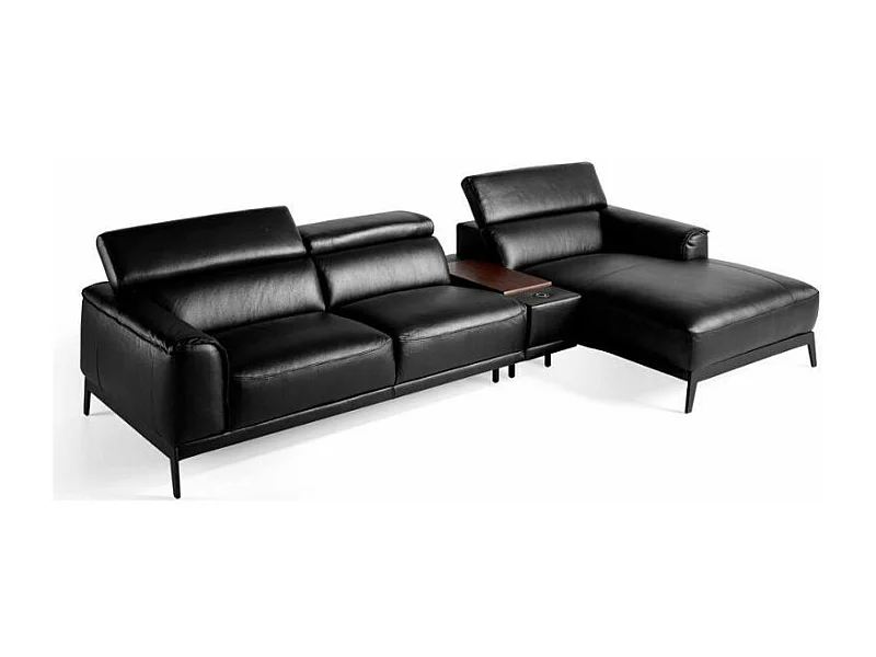 Canapé d'angle droit cuir noir et pieds acier inoxydable Alavy