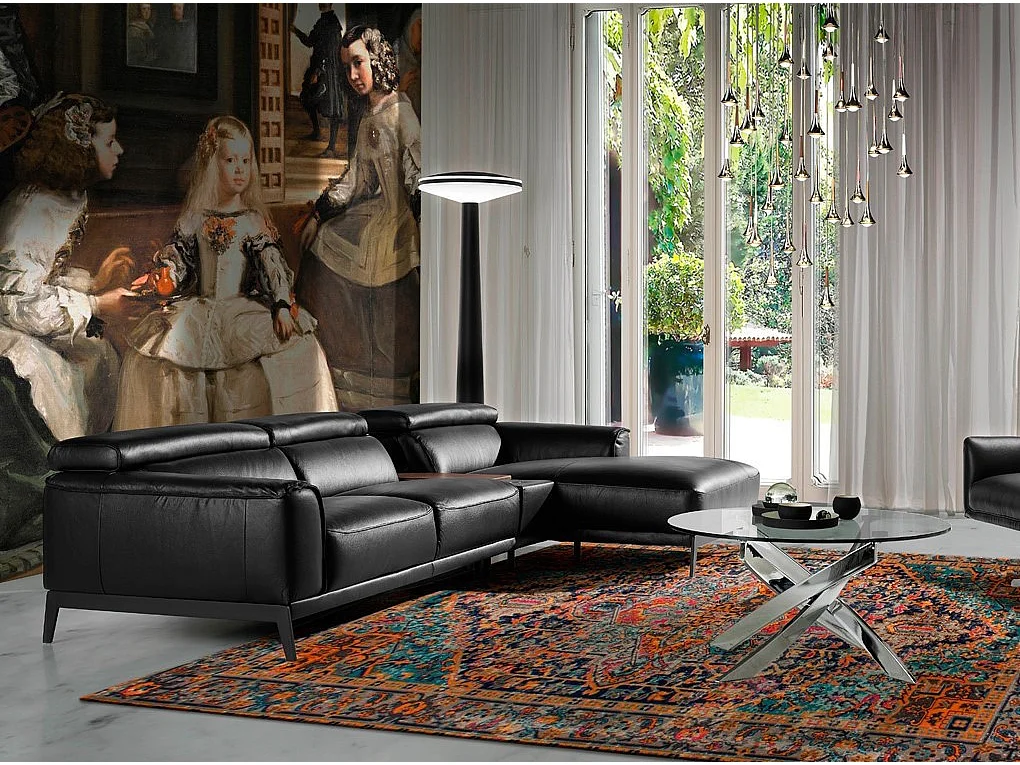 Canapé d'angle droit cuir noir et pieds acier inoxydable Alavy